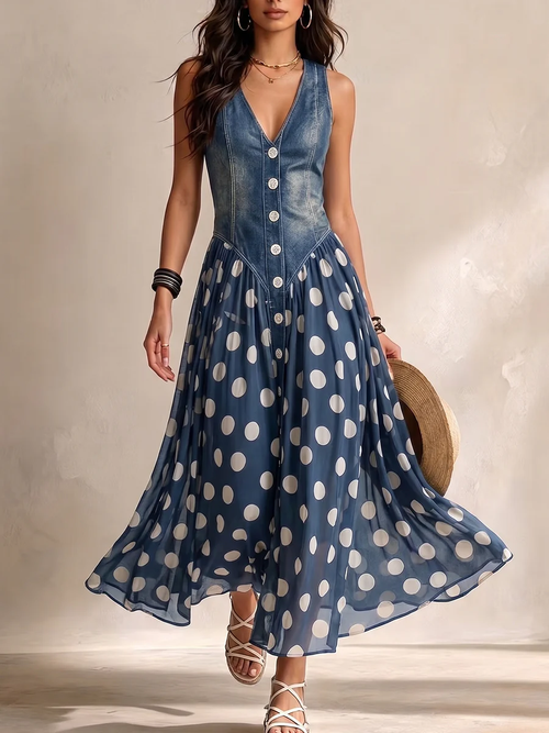 Brenda | Elegant Denim Dress with Polka-Dot Chiffon Skirt
