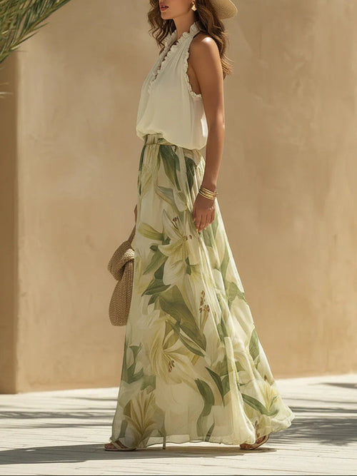 Alessia™ | Chiffon Ruffle Top and Lily Print Pants Set