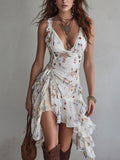 Claire | Retro floral mini dress, V-neck and spaghetti straps