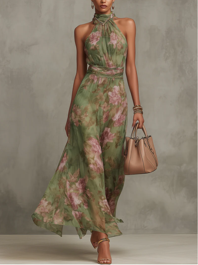 Serena · Floral Chiffon Halter Maxi Dress