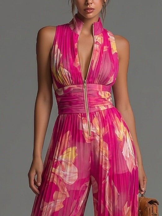 Nicole - Fuchsia floral print pleated chiffon jumpsuit