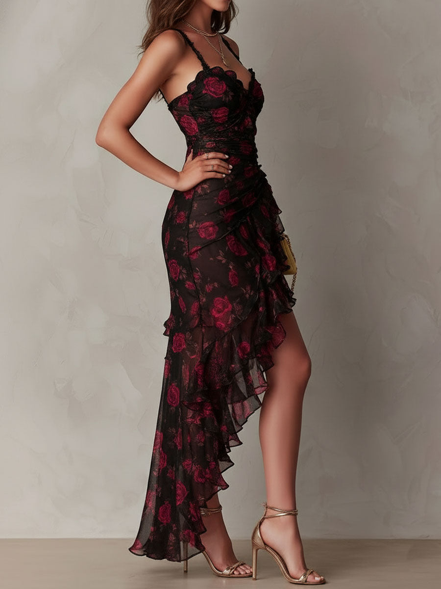 Chic Black and Red Floral Dress with Shirring and Ruffle Hem
