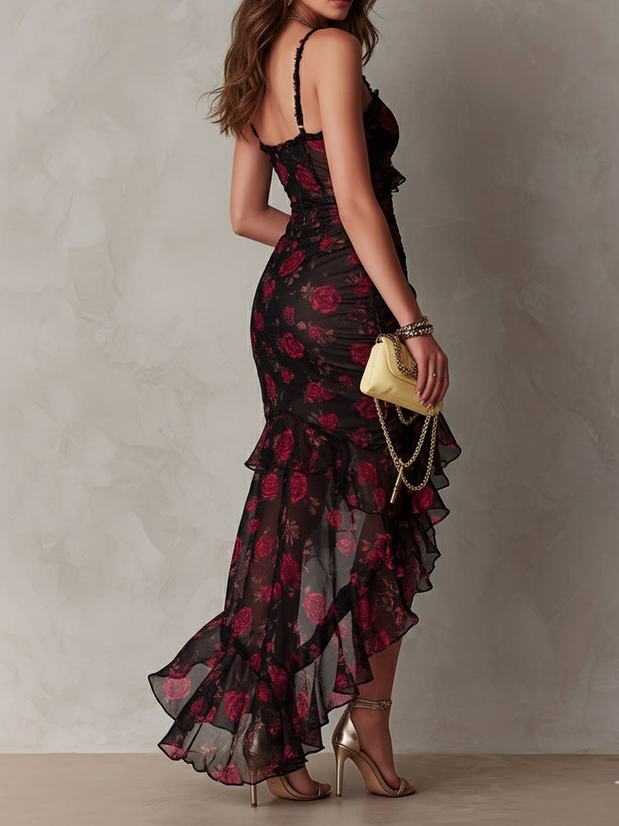Chic Black and Red Floral Dress with Shirring and Ruffle Hem